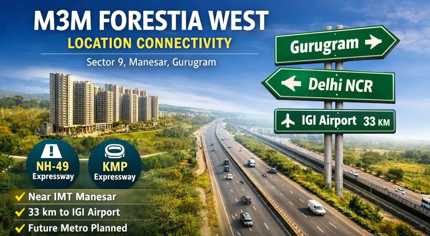 M3M Forestia West location connectivity map showing NH-48, KMP Expressway and Sector 9 Manesar access