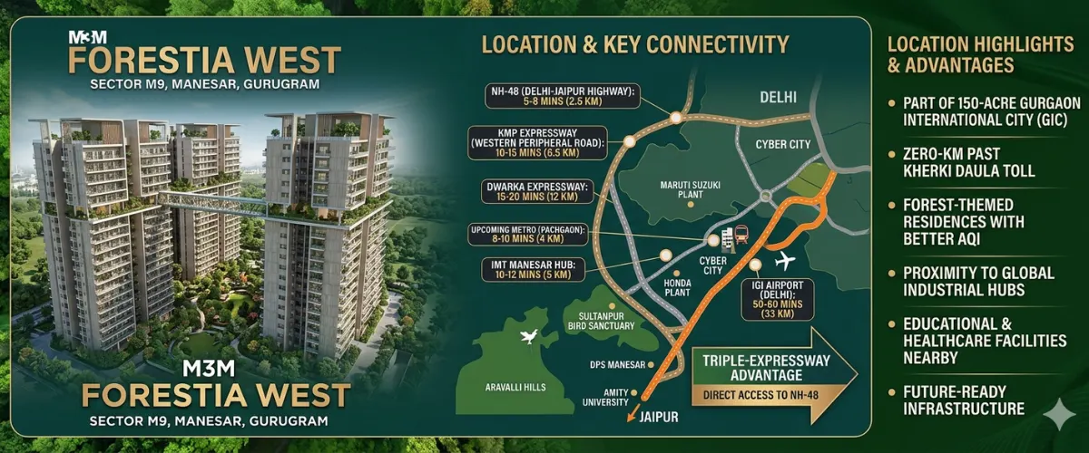 https://m3mpremium.in/M3M Forestia West location connectivity map showing NH-48, KMP Expressway and Sector 9 Manesar access