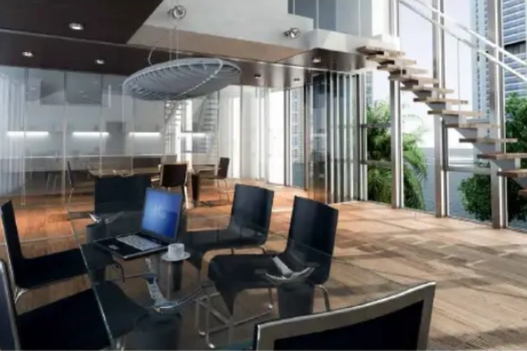 High-end office space or meeting room with glass walls and a staircase.