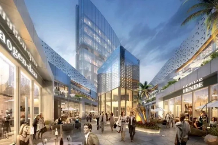 Upscale outdoor shopping plaza with modern architecture.