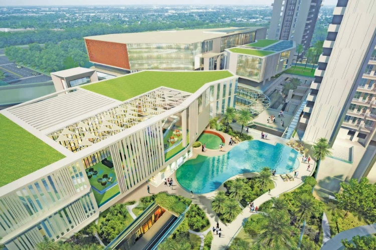 Aerial View of Clubhouse and Green Rooftop Amenities