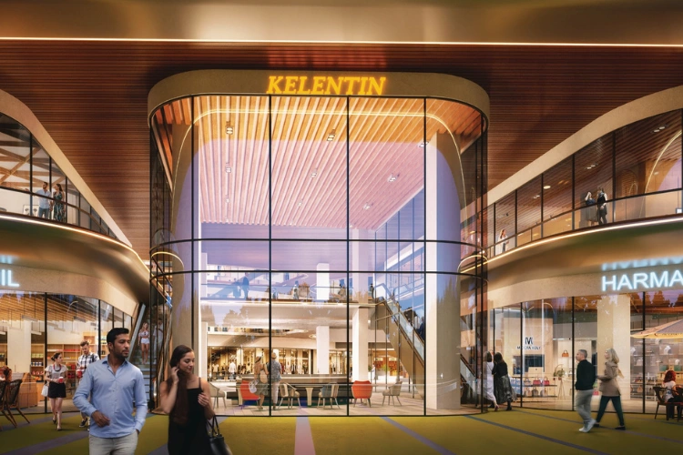 Modern luxury apartment lobby with high ceilings