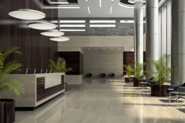 Modern reception area in a corporate building or hotel.
