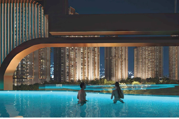 Night Pool with Cityscape View