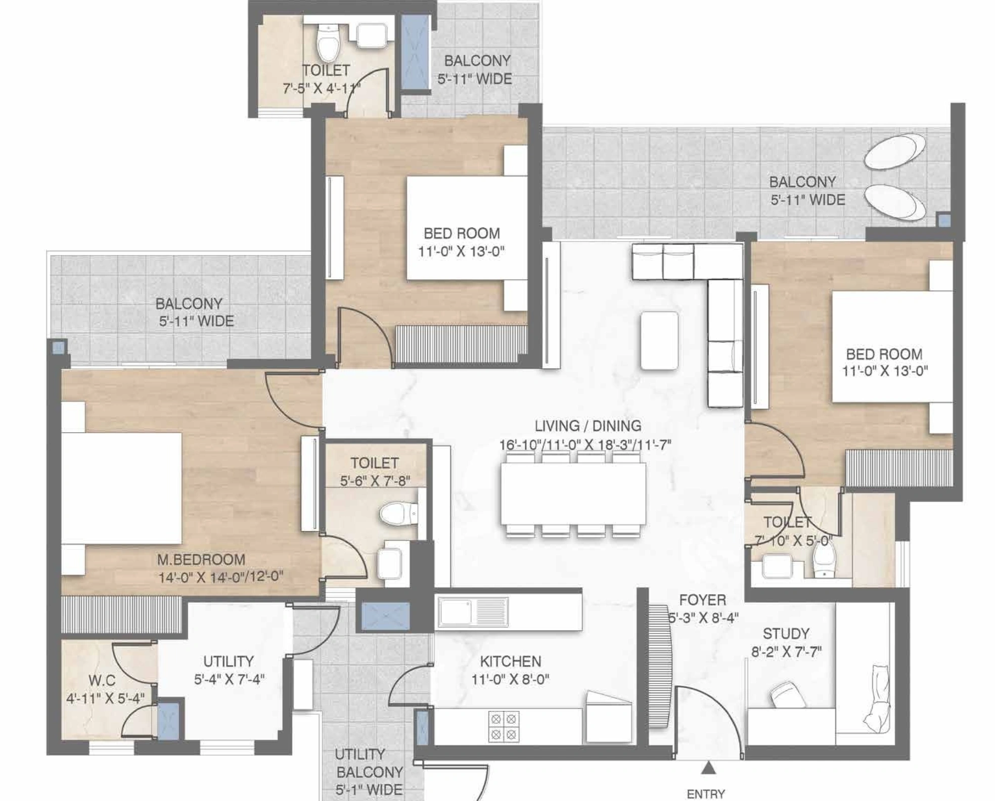 3BHK+Study+Utility