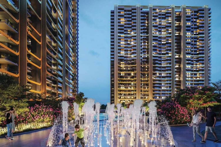 Fountain Park at Night with Tall Buildings