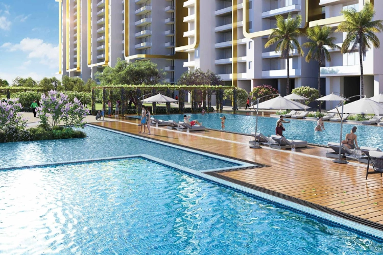 Sunny Poolside Lounge Area with High-Rise Buildings