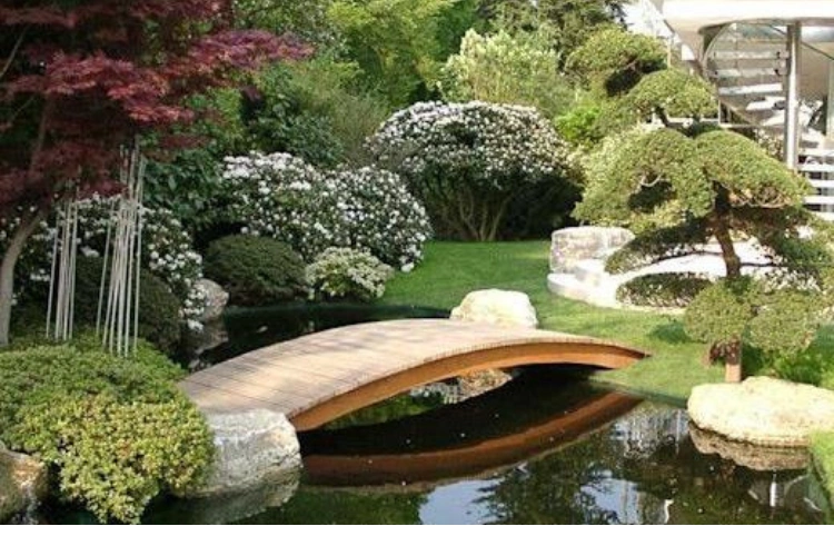 Beautiful Garden with Bridge Over Pond