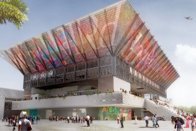 Modern Stadium Exterior with Colorful Roof