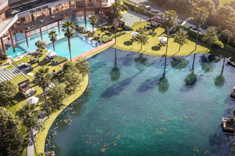 Aerial Resort Development with Pond and Pool